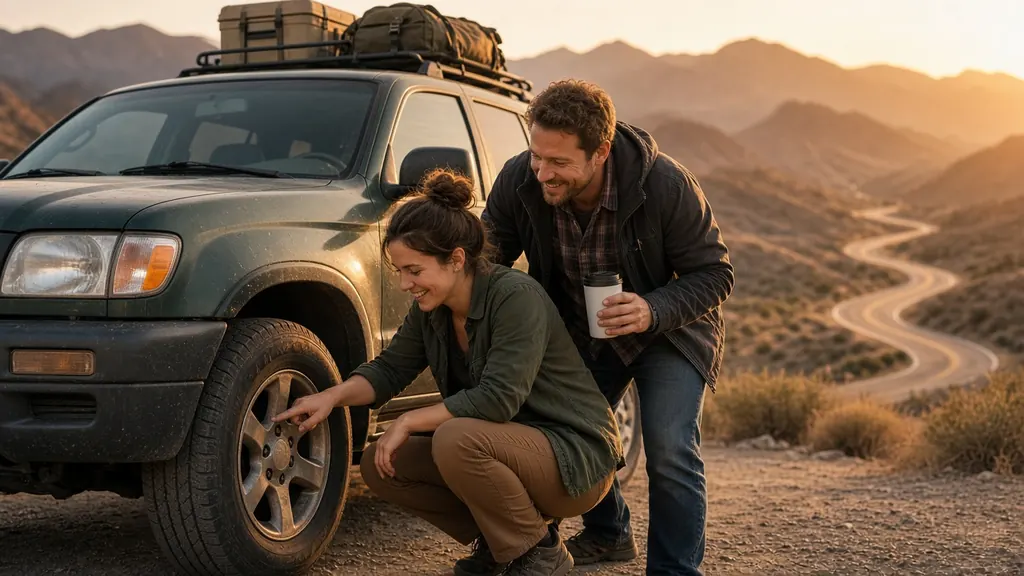 A couple on a desert road trip crouch by the front tire of their dusty green SUV at a scenic overlook, a winding highway behind them (AI-generated image)