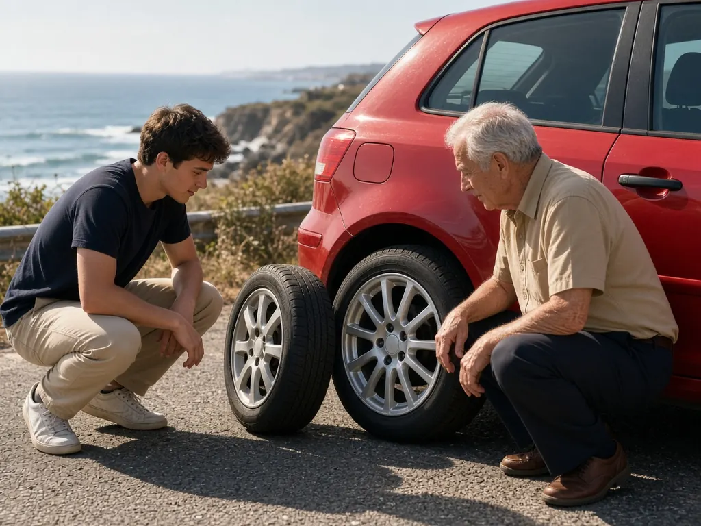 A young man and his grandfather crouch beside a red hatchback on a coastal pull-off, comparing a loose wheel and tire with the one on the car (AI-generated image)