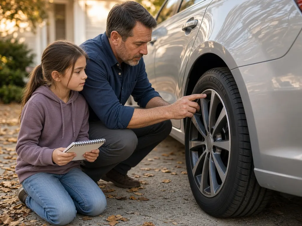 A dad kneels by a silver sedan in the driveway and points at the tire sidewall while his daughter holds a notebook (AI-generated image)