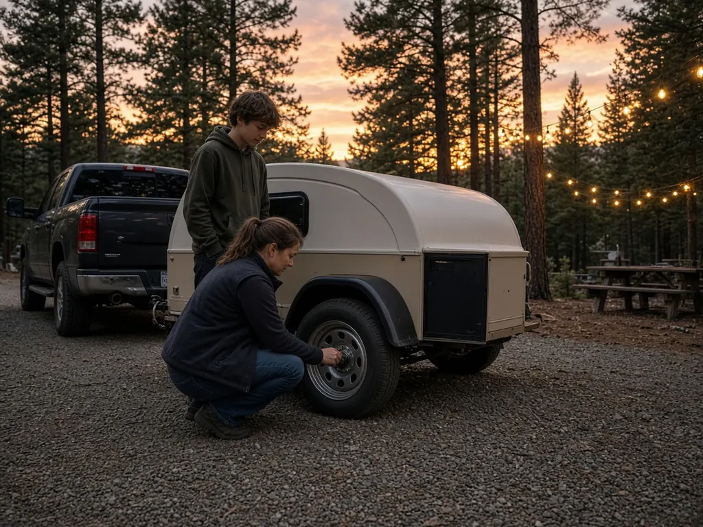 A woman checks the tire on a small camping trailer hitched to a pickup at a pine-forest campground at sunset while her teenage son watches (AI-generated image)